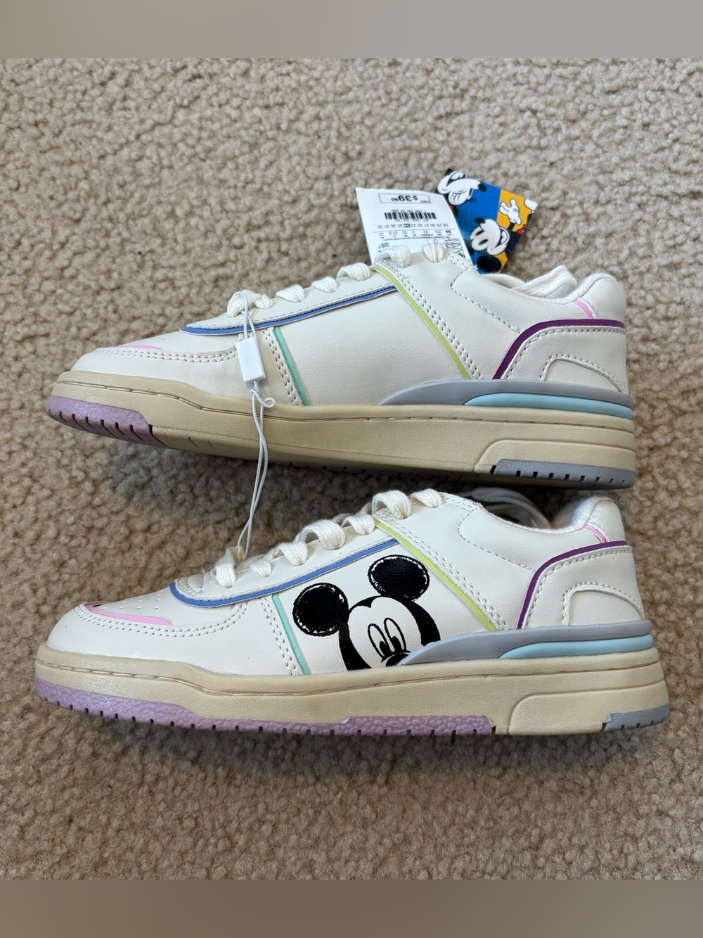 Zara Mickey & Friends Kids White Sneakers with Pastel Accent Trim Size 2.5 NWT